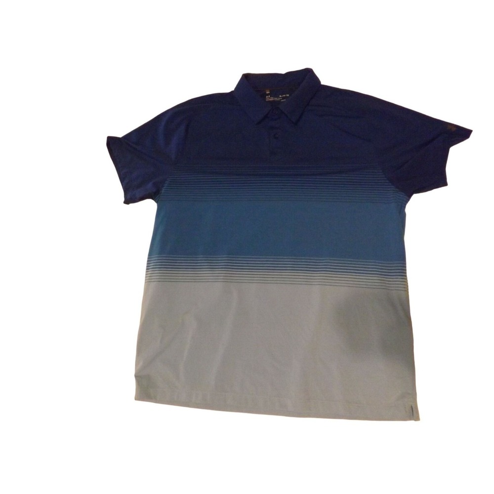 Under‎ Armour Polo Men XL Blue Gray Threadborne Gradient Stripe HeatGear Shirt